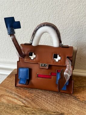 LEATHER INSIDE & OUT | Gold Blue Mini Doll Leather Picto Face Bag Crossbody
